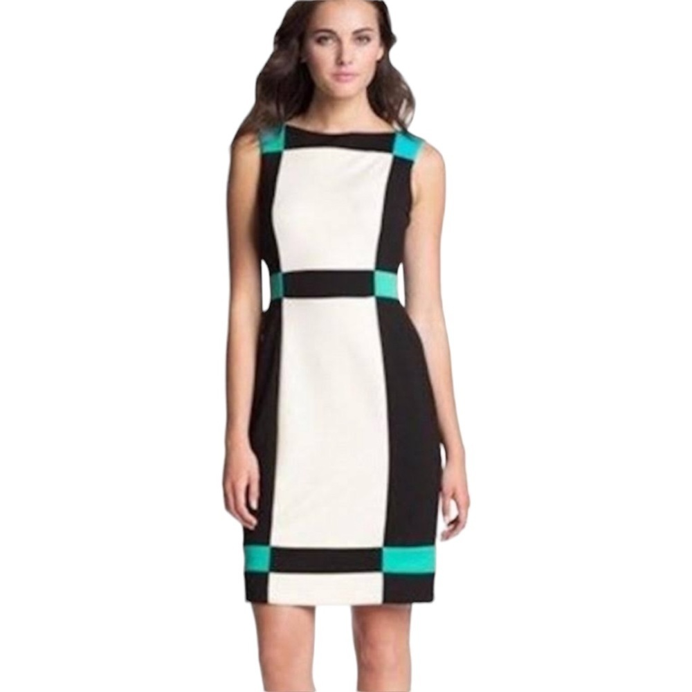 Maggy London Black, White & Teal Colorblock Sheath Dress